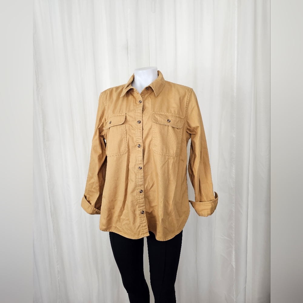 L.L. Bean Casual Button-Up Cotton Utility Shirt Tan Medium Petite